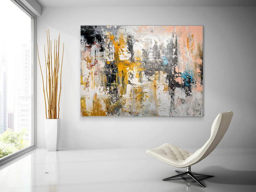 White Hand-painted Yellow Pink Painting Abstract Canvas Artwork JNJ1H